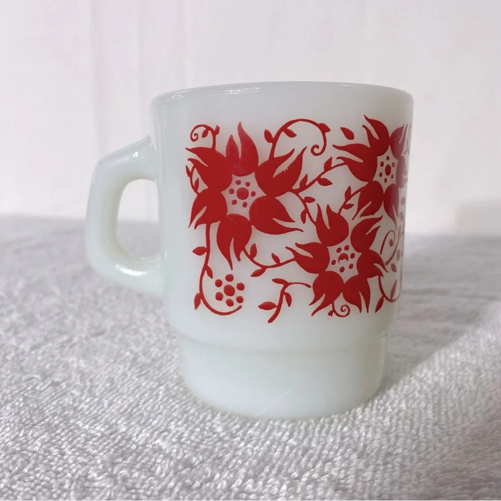 Vintage Anchor Hocking Fire King Red Flower Milk  Glass Stacking Mug